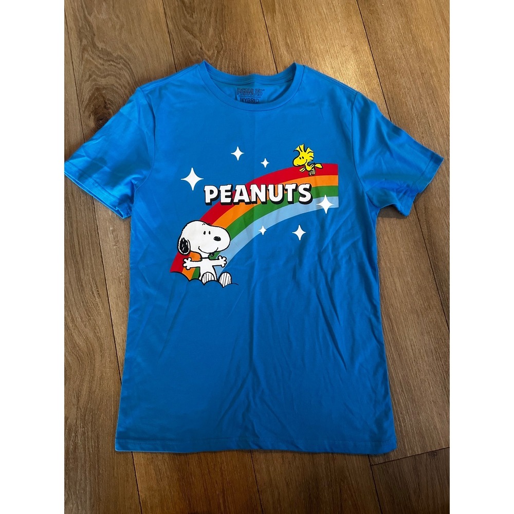 Peanuts Hybrid Snoopy Woodstock Rainbow Blue Graphic T-Shirt Small RN117508